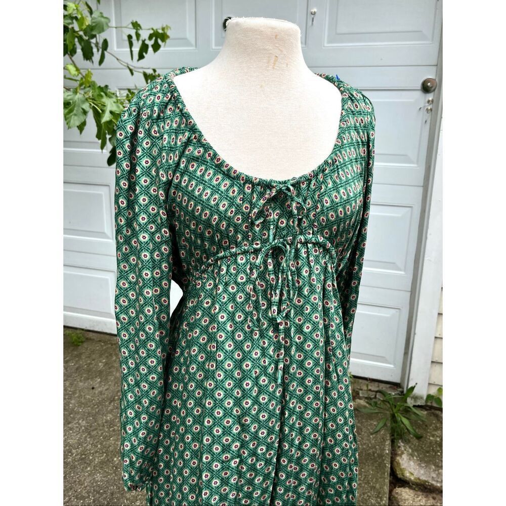 Anthropologie Adelaide Tie Front Midi Dress Green Boho Cottagecore Balloon Sleev - Picture 10 of 12